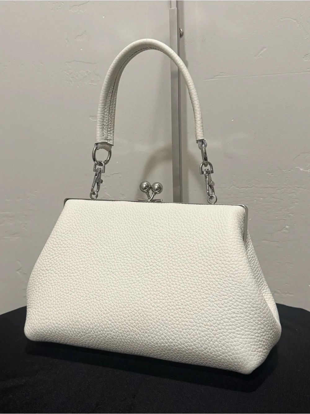 White Togo Cowhide Handmade Kisslock Frame Boxy Bag, Includes 2 Strap Styles